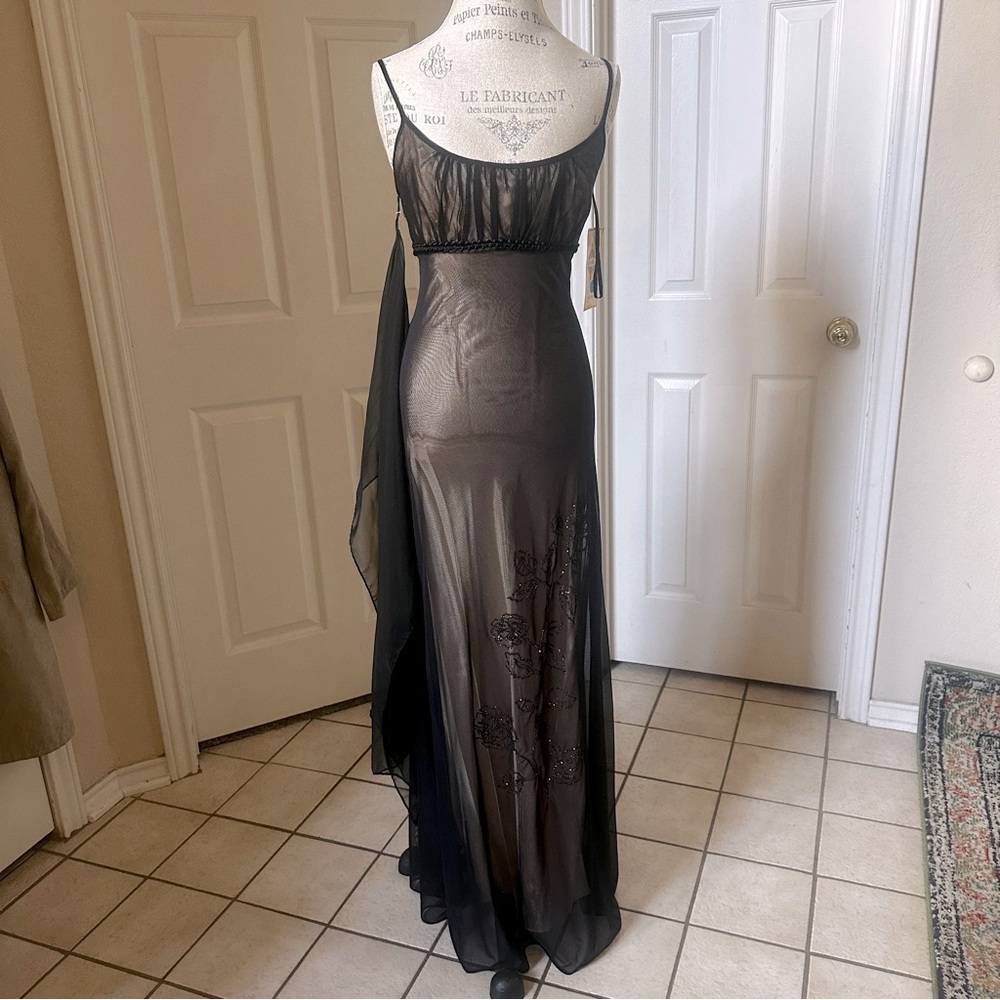 Sheer Black Evening Slip Dress with Beaded Floral Accent